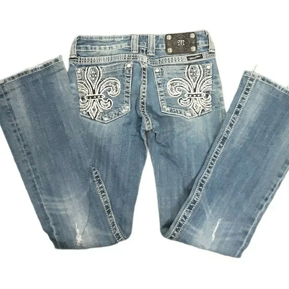 Miss Me Jeans Skinny Slim Fleur De lis Rhinestone Denim JP5109SK-2 Sz 27